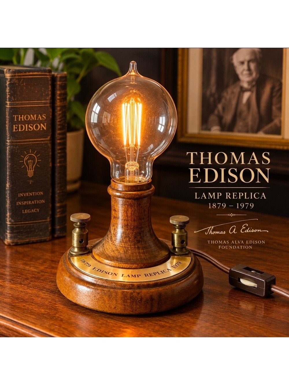 Vintage 1979 Thomas Edison Lamp Replica Centennial 1879-1979 Working Wood Brass